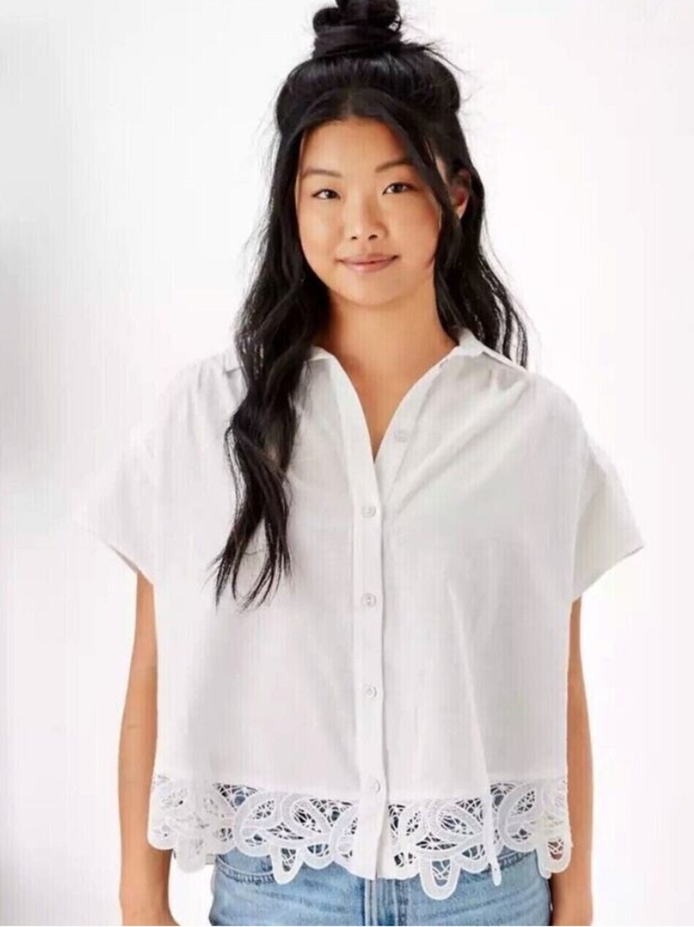 American Eagle White Oversized Resort Top Button Up Lace Cotton Linen Size XL
